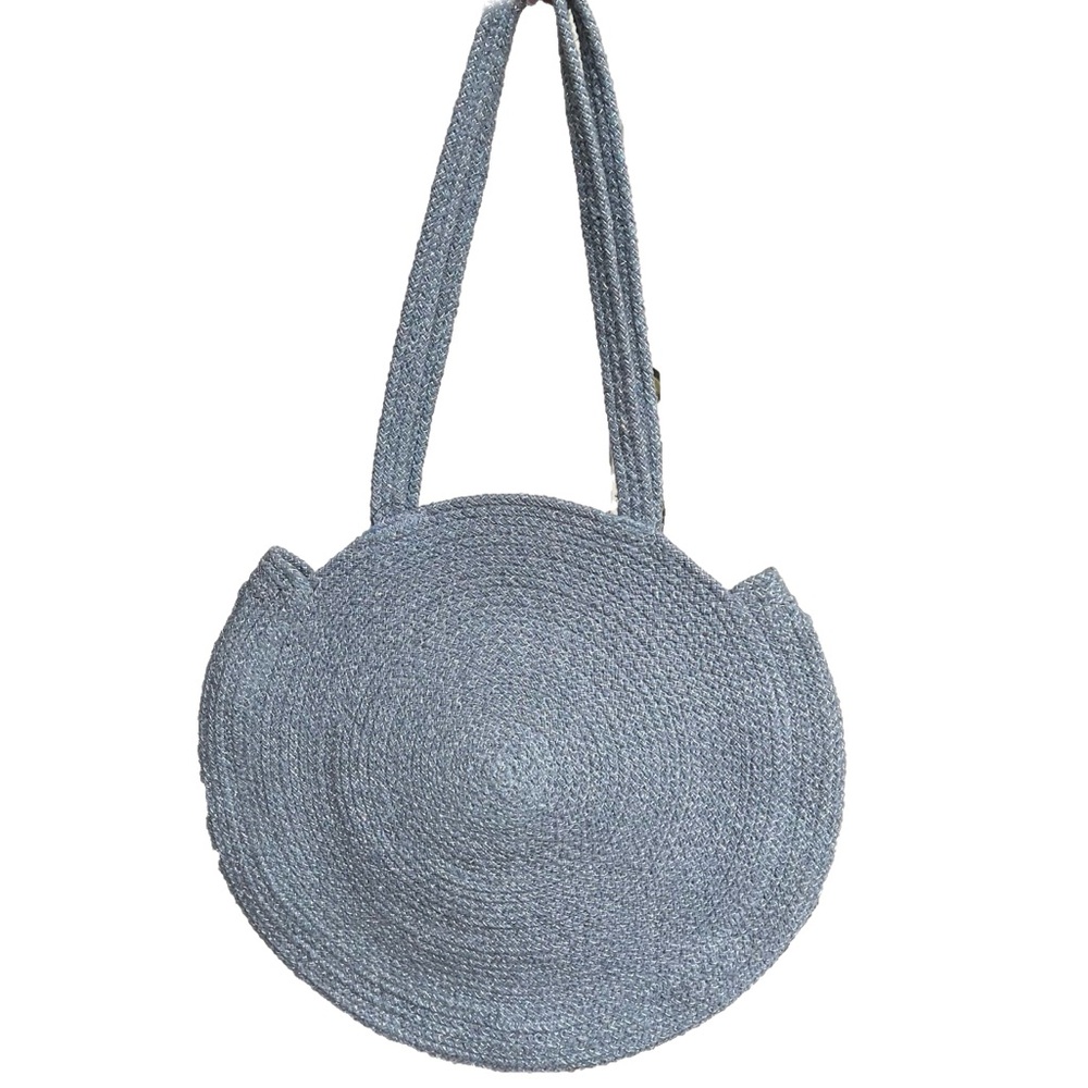 NEW Magid Beach Bag Circle Woven Jute Large Tote Shoulder HANDMADE Blue Silver